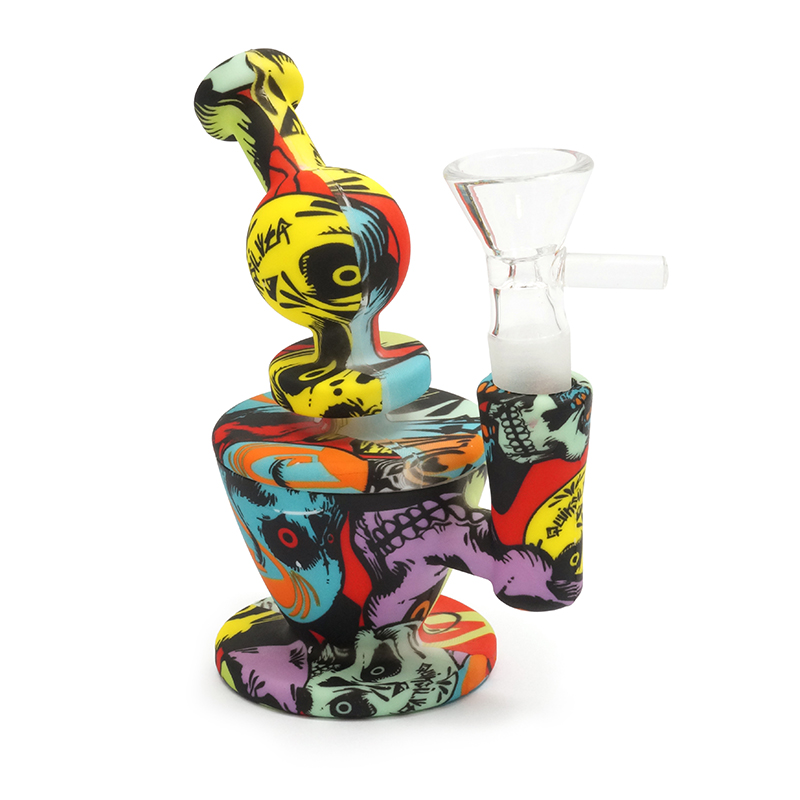 PIPA DE AGUA MINI BUBBLER DE SILICONA CON IMPRESIÓN WATER TRANSFER Y CUENCO DE CRISTAL